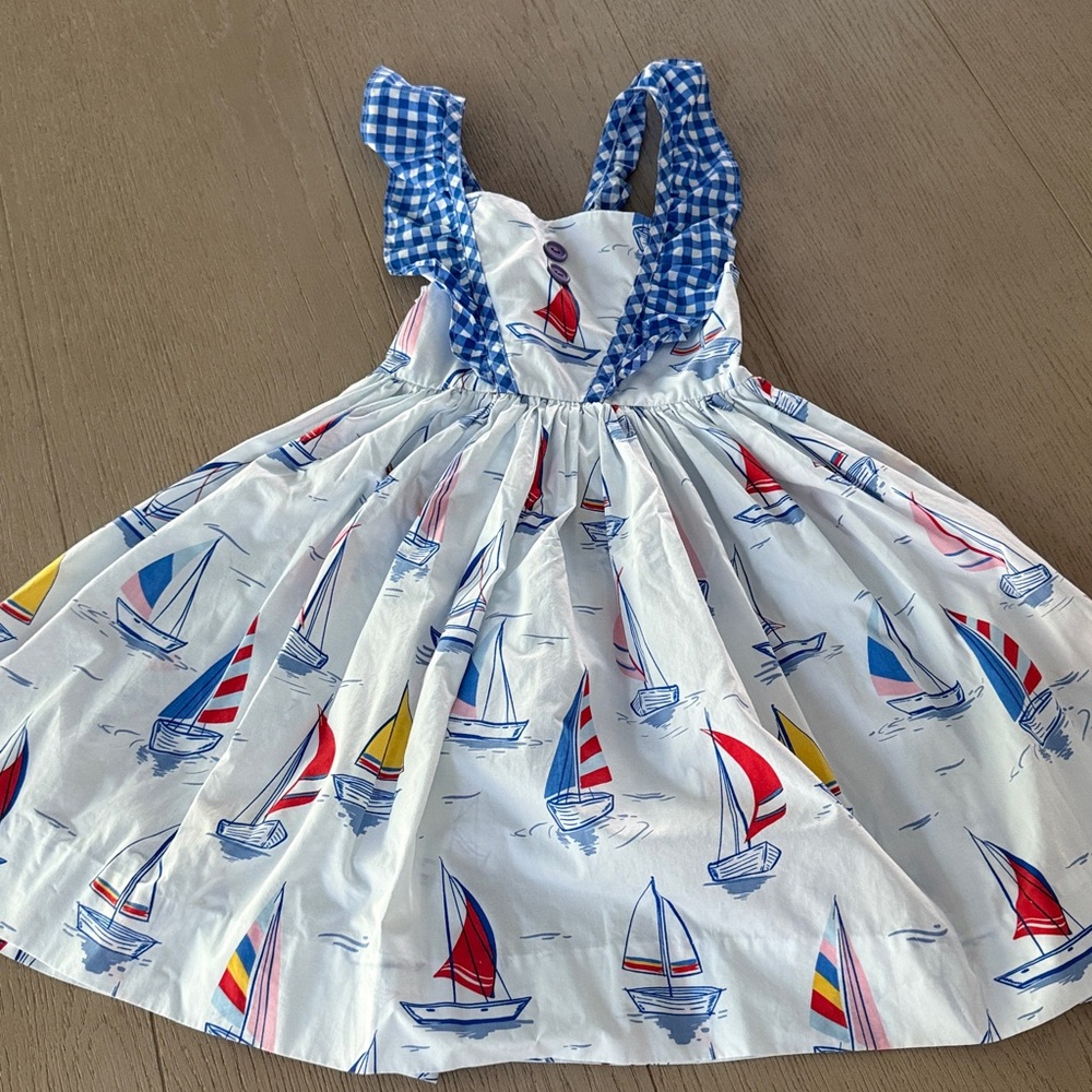 Eleanor Rose Sailboat Print Dress with Blue Gingham Straps